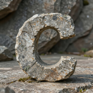 Large Weathered Stone Letter C Sculpture Standing Outdoors on Rocky Terrain with Natural Moss and Cracked Texture for Rustic Alphabet Art or Signage Design
