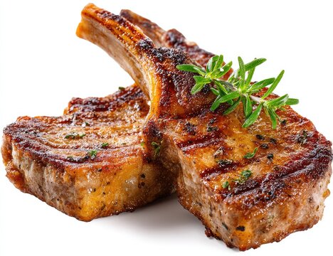 Grilled lamb chops on white background fresh herbs close up