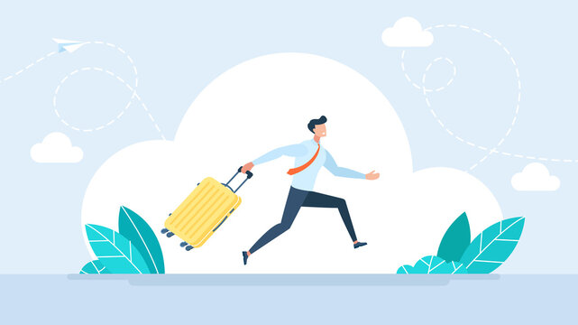 Businessman running fast with yellow travel suitcase, concept of business trip, urgent departure, relocation and global tourism in flat minimalist style. Male character. Flat illustration.