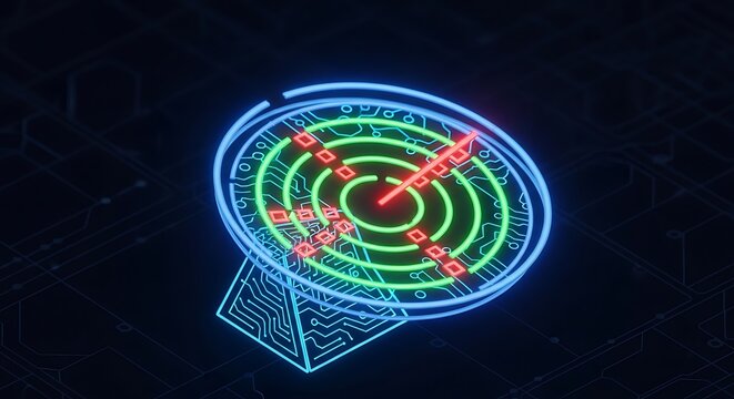 neon green and blue target with red arrows on a dark background