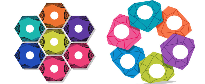 A colorful vector graphic illustration of two sets of hexagonal shapes with holes in the center, arranged in a honeycomb pattern and a circular formation.