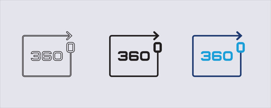 360 degree rotation icon, commonly used to represent panoramic views, virtual reality tours, or camera capabilities. square frame. mobile application design, website interfaces, and VR technology icon
