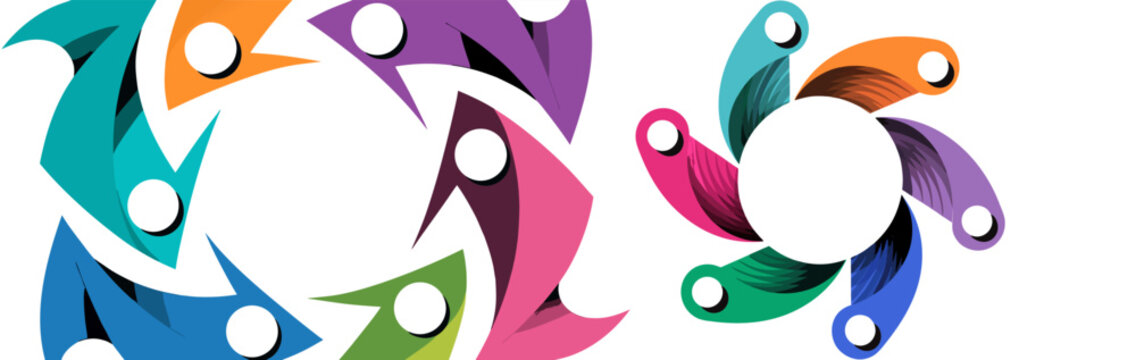 A colorful vector graphic illustration of people joining hands in a circular formation symbolizing unity and teamwork