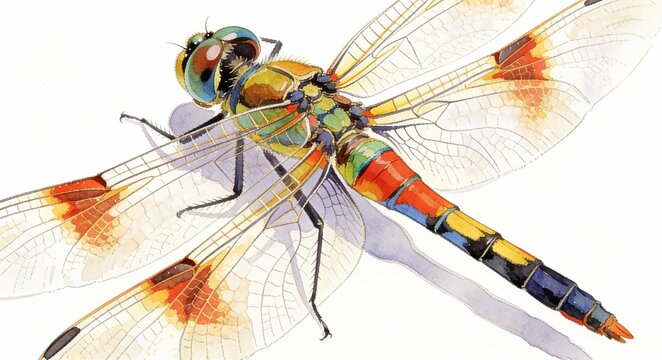Watercolor Illustration of a Colorful Dragonfly