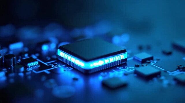 Close-up of a microprocessor on a circuit board. The chip emits a blue glow, surrounded by electronic components and connections. Focus on technology and innovation.