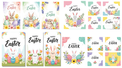 Religious Easter celebration greeting template with cute bunny characters and decorative eggs, colorful vector cards reflecting spring culture and festive joy.