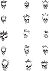 Fototapeta premium Black skull icon set, cartoon skeleton symbols, halloween skull silhouettes, spooky vector illustrations, scary graphic design pack
