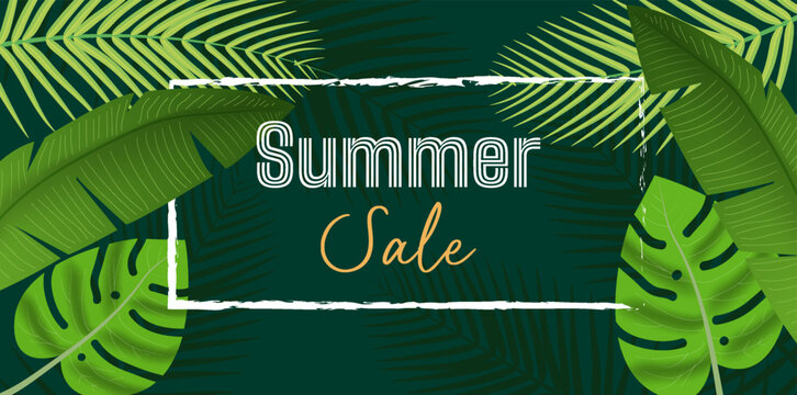 Vibrant summer sale banner with green tropical leaves background,