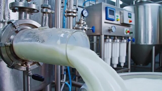 Thick white milk product flowing rapidly through industrial stainless steel processing pipes creating an immersive motion food footage video