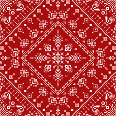 Red and white pixel textile pattern featuring a large central diamond medallion with cross and arrow motifs. Symmetrical geometric layout with corner framing elements for seamless surface design.
