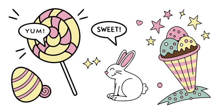 A colorful vector illustration of a bunny surrounded by sweet treats like lollipops and ice cream