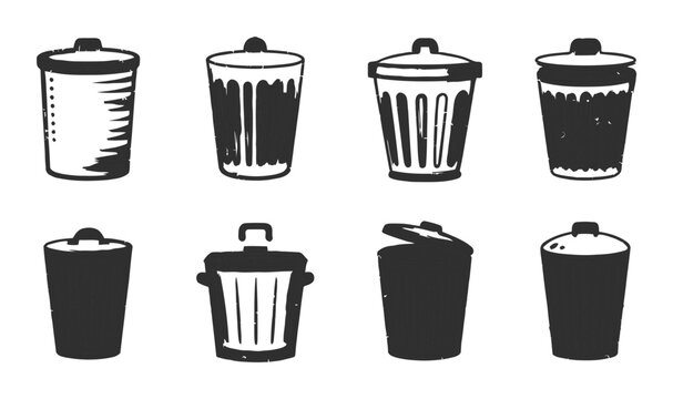 Collection of eight stylized trash can icons with lids