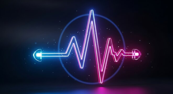 neon heart rate line graph with blue and pink glowing lines forming an electrocardiogram pattern isolated on dark background