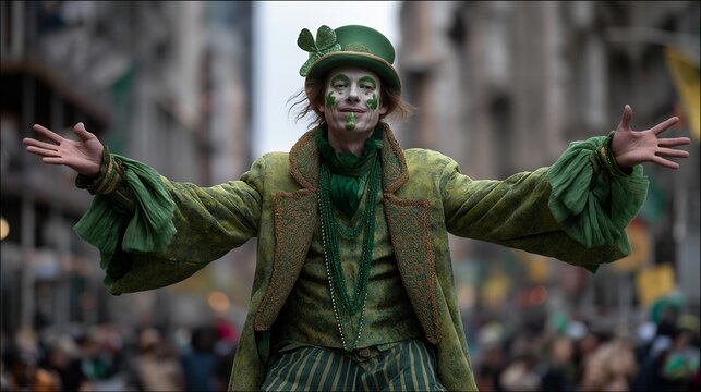 Street performer juggling shamrock props while balanced on stilts during crowded St Patrick's Day parade with spectators lining route, perfect for entertainment spectacle, cultural festival, and