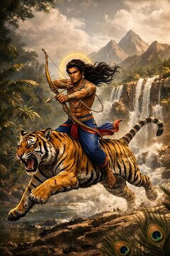 Lord Ayyappa hunting with tiger in forest divine Hindu god Sabarimala warrior form spiritual power Indian mythology protector dharma Ayyappa artwork