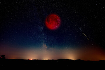 Lunar eclipse, stars and planets above landscape silhouettes. © astrosystem