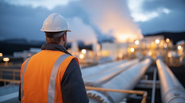Geothermal power plant engineer inspecting steam pipeline valves amid volcanic landscape with rising vapor clouds against dawn sky, hard hat and safety vest visible, perfect for renewable energy