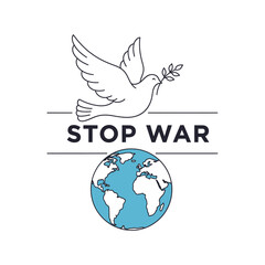 Fototapeta premium Dove carrying olive branch above a globe with text 'STOP WAR' symbolizing peace and the end of global conflict