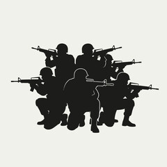 Fototapeta premium Silhouette of soldiers in tactical formation with rifles, ready for action