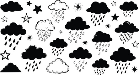 Obraz premium Black and White Doodle Clouds and Stars with Raindrops