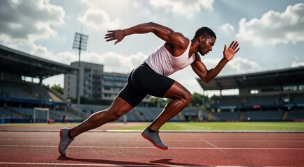 Obraz premium Dynamic Sprint: Athletic Black Man Starting Race on Track