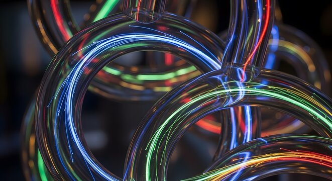 Close-up shot showcases interlocking metal rings illuminated with vibrant neon lights against a dark backdrop. The shiny surfaces create reflections, enhancing the modern, abstract design.