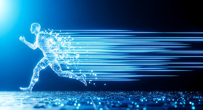 Digital human figure running at high speed generating futuristic blue data streams and light trails