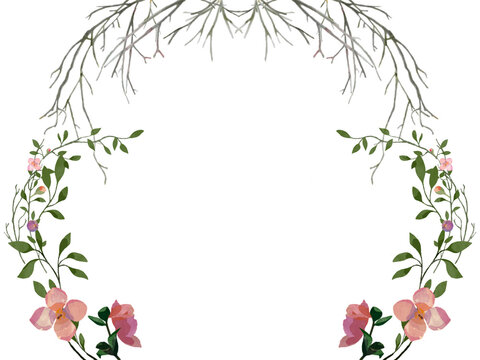 Bright Pink Flowers and Branches A6 Frame Transparent for wedding engagement prom formal birthday party winter to spring seasons change easter floral border watercolour illustration flower background