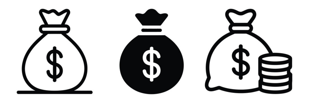 Money bag with dollar sign icons set
