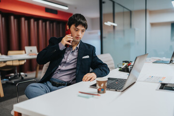 Businessman on the phone at a modern office desk with a laptop. A second line variation: bright...