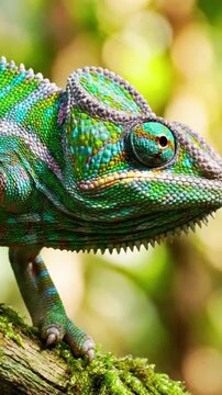 Colorful chameleon perched on a mossy branch