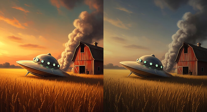 crashed ufo spaceship smoking in a golden wheat field next to a red barn under a mysterious sky illustrating an alien encounter