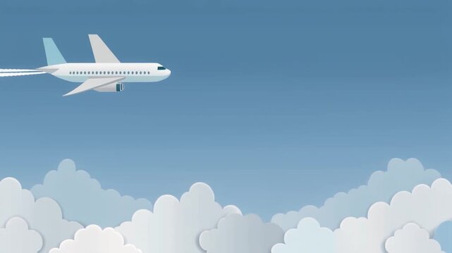 Illustration of a white airplane flying through blue sky with fluffy white clouds