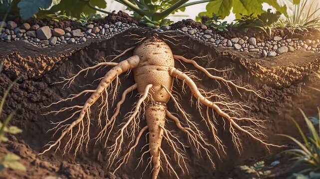 Close-up of plant roots and earthworms in soil, showing underground life.