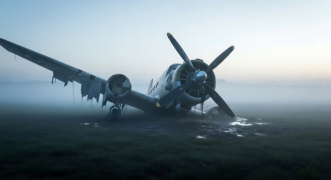 crashed vintage propeller airplane abandoned in a misty muddy field at dawn evoking an eerie historical wreck in a desolate landscape.