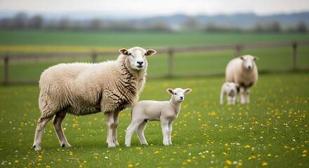 Fototapeta premium Adult sheep and lamb stand in a grassy field dotted with yellow flowers.
