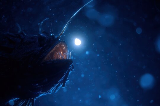 Luminous Fish Prowls In Darkness. Bioluminescent Anglerfish Stalks Silently In Deep Ocean Depths