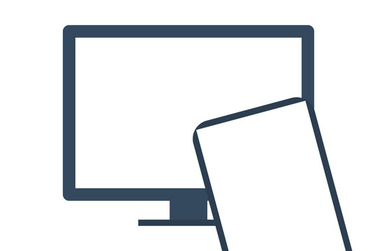A computer monitor displays a blank screen next to a tilted screen.