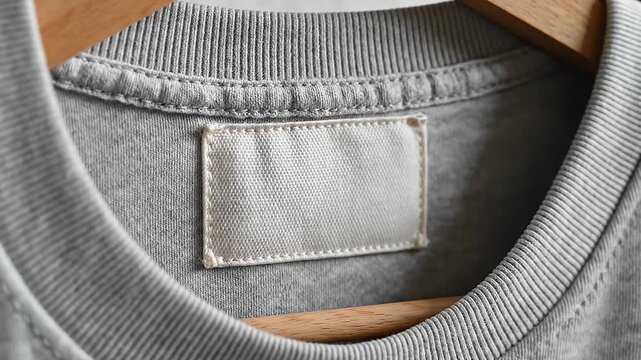 Blank fabric label on grey t-shirt hanging on wooden hanger
