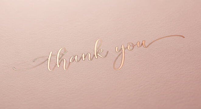 Rose-gold script "Thank you" on pink texture, conveys gratitude. Representative of appreciation, courtesy, or celebratory acknowledgement