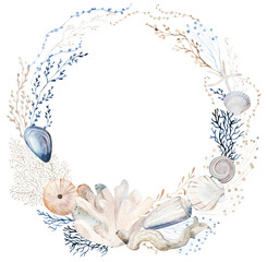 Naklejka premium Watercolor frame with pastel seashells and plants, illustration for coastal wedding stationery