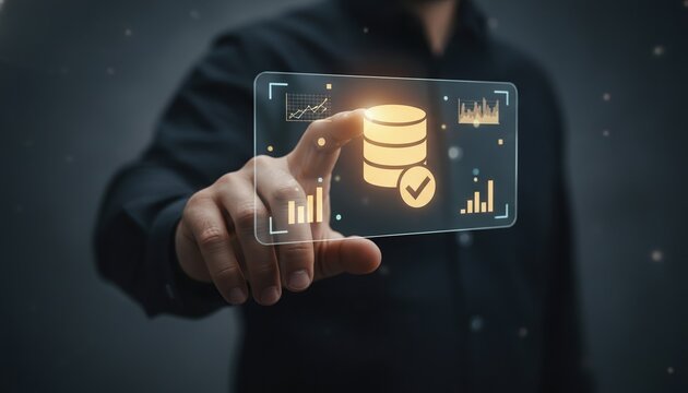 database, data management, technology, big data, analytics, business, security professional interacting with futuristic holographic interface for secure server information.