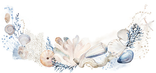 Naklejka premium Watercolor arrangement with pastel seashells and plants, illustration for coastal wedding stationery