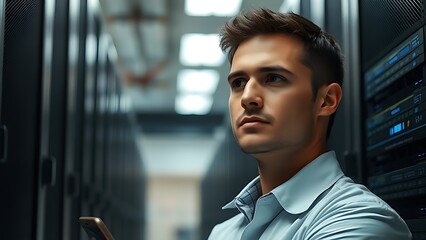 Fototapeta premium serverroom. Technician working in a data center, focused expression with server racks blurred behind. product launch decks, UI/UX mockups, designed for product launches and innovation pitches.