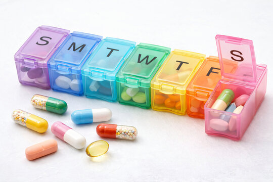 Colorful weekly pill organizer with various capsules and tablets on white background