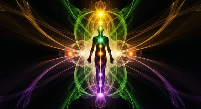 Human chakra energy system with glowing aura and seven energy centers