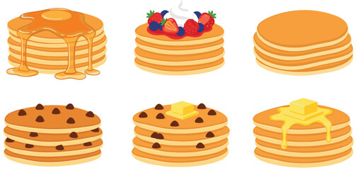 Pancake stack set with syrup butter chocolate chips and berries breakfast dessert food vector illustration © MdRazaul