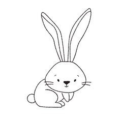 Rabbit is sitting. Happy Easter. Doodle style. Farm cozy animal. Hand-drawn element. Spring holiday. Vector illustration for greeting cards, prints and coloring books
