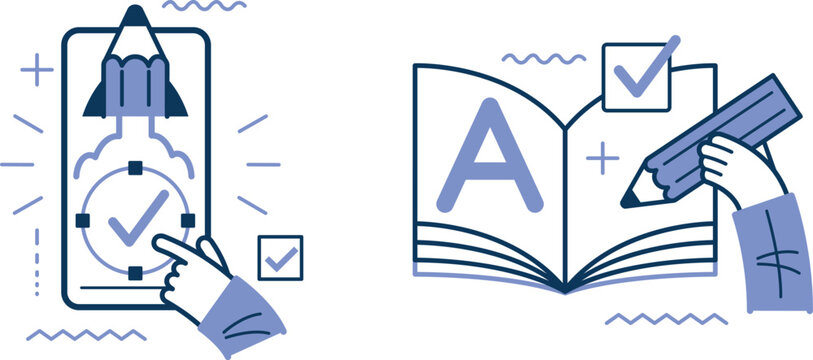 Digital and traditional learning methods represented through interactive app and textbook