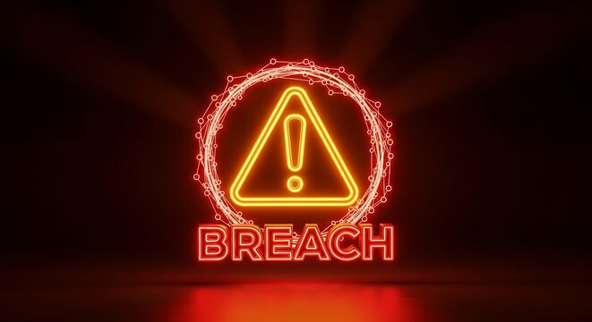 Neon warning sign with yellow triangle and exclamation mark surrounded by red circle on dark background with BREACH text